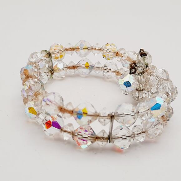 Vintage 1950s Clear Aurora Borealis Crystal Bracelet – Two Strand Memory Wire - Picture 9 of 9